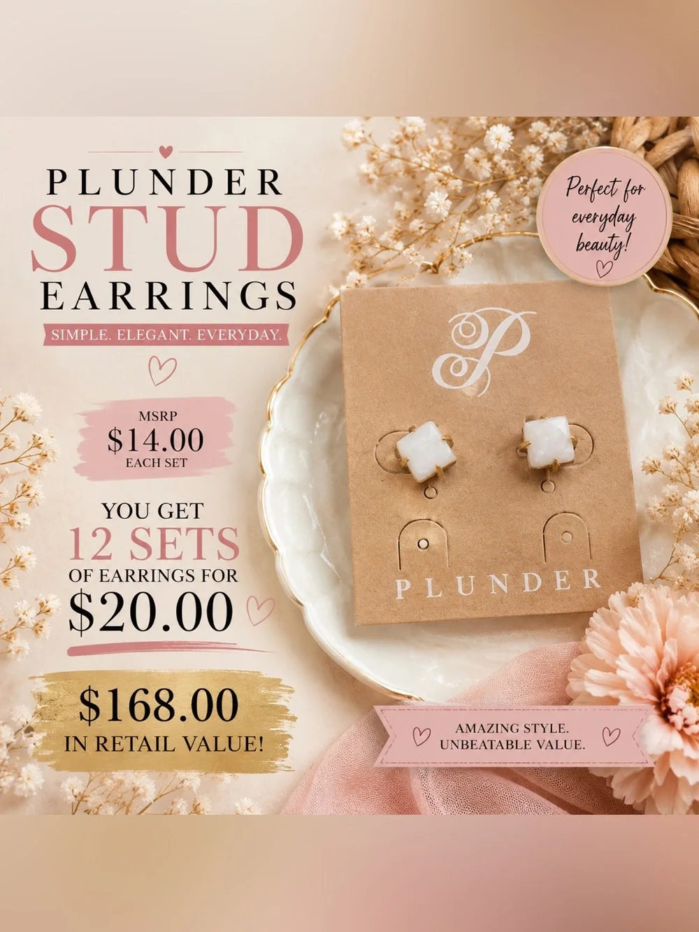 Plunder White Square Stone Stud Earrings in Gold-Tone
